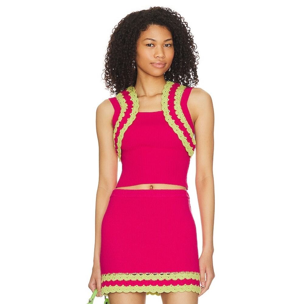 Revolve x Majorelle Jeneli Pink Sleeveless Crochet Knit Sweater Crop Top Sz XS